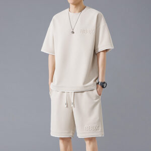 Waffle summer oversized casual short sleeved trendy set for men breathable and versatile handsome and loose fitting sports two