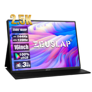 ZEUSLAP 16″ 2.5K 144hz Portable Monitor 2560*1600 16:10 100%sRGB 500Cd/m┬▓ Travel Gaming Display for Laptop Switch ps4 ps5 Xbox