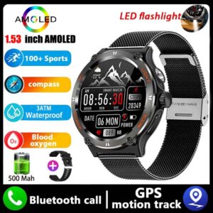 2024 New Military Smartwatch Men 3ATM Bluetooth Call Outdoor Sports Fitness Track 500Mah LED light Smartwatch For Huawei Xiaomi