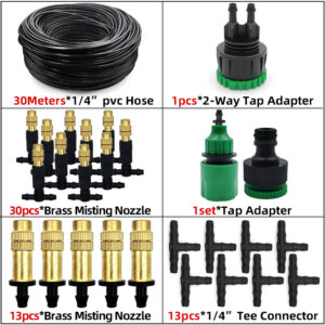 15M-30M Outdoor Misting Cooling System Garden Irrigation Watering 1/4” Brass Atomizer Nozzles 4/7mm Hose for Patio Greenhouse