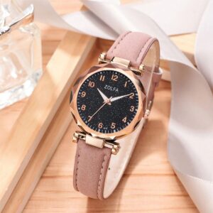 6PCS Women’s Fashion Trend Simple Star Digital Rhinestone Leather Quartz Watch Amethyst Luxury Luxury Necklace Bracelet Gift Set