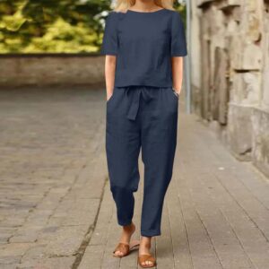 Women Summer Loose Matching Sets Linen Cotton Short Sleeve Tops with Trousers Solid 2 Piece Set Casual Vintage Pocket Outifits