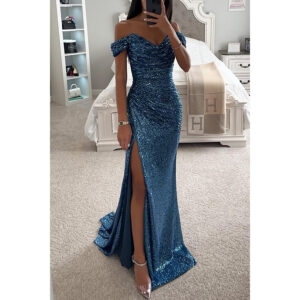 Sexy Women Dress Off-shoulder Gown Dress Sequin Pleated V-neck Maxi Slim Fit Frock Elegant Evening Party Prom Long Skirt