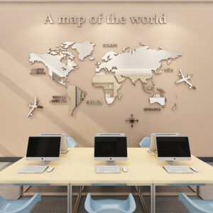 Multi-sizes Acrylic World Map 3D Wall Sticker Bedroom Living Room Home Office Creative Background Decoration Solid Black/Silver
