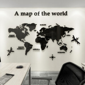 Multi-sizes Acrylic World Map 3D Wall Sticker Bedroom Living Room Home Office Creative Background Decoration Solid Black/Silver