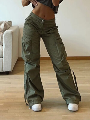 Rockmore Cargos Style Parachute Pants Low Waist Women Joggers Harajuku Pockets Baggy Wide Leg Trousers y2k Streetwear Casual