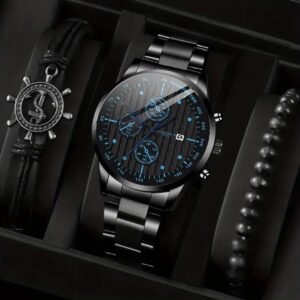 3Pcs Men’s Fashion Business Casual Three Eyes Calendar Luminous Digital Steel Band Quartz Watch Luxury Leather Bracelet Set