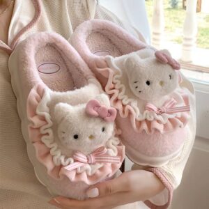 Sanrio Hello Kitty Home Fuzzy Slipper Kuromi Cinnamoroll My Melody Yk2 Women Winter Plush Non Slip Slippers Girl Cute Flat Shoes