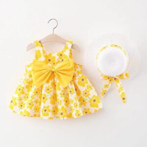 New girl floral dress sweet summer bow toddler beach dress for children aged 0 to 3 newborn clothing+hat set of 2 pieces