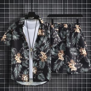 Floral Design Summer Beach Suit Men’s Polo Shirt Oversized 3/4 Sleeves Shirt+shorts