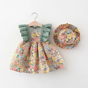 Summer New Girl Baby Strap Dress Fragmented Flower Children’s Sleeveless Princess Dress 0-3 Year Old Newborn Comes with Hat