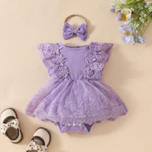 2 Cute Baby Girl Lace Lace Flowers Sleeveless Triangle Jumpsuit Mesh Skirt Summer Sweet Newborn Casual Dress Diaper Changing