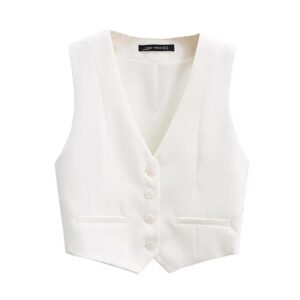 Zevity Women Fashion V Neck Single Breasted Short Vest Office Lady Sleeveless Chic White Suit Business Slim Waistcoat Tops CT556