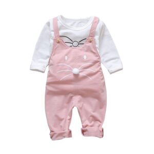 Spring Autumn Baby Girls Set Round Neck Cartoon Printing Long Sleeve T-shirt + Solid Color Print Strap Pants Two Piece Suit