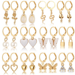 12Pcs/Set Of Gold Color Alloy Butterfly Heart Serpentine Earrings Set Acrylic Dangle for Women Metal Cartoon Vintage Jewelry