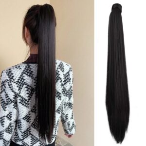 Clip in Ponytail Extension Wrap Around Long Straight Ponytail Natural Soft Synthetic Hairpiece for Women