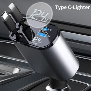 120W 4 in 1 Retractable Car charger USB C for iPhone Xiaomi Huawei Samsung Fast charging cable Cigarette Lighter Adapter