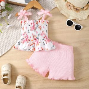 2 Pcs Summer Girls Camisole Floral Top Lace Shorts Casual Suit Sweatshirt Suit For Party Outdoor
