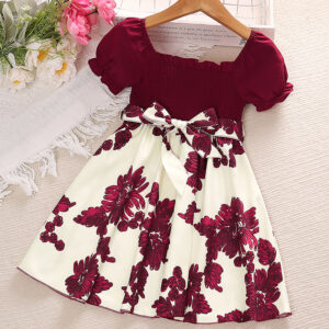 Dress For Kids 4-7 Years Summer Girls Puff Sleeves Print Dress Four Colors Available Vintage Princess Wedding Party Gift Costume