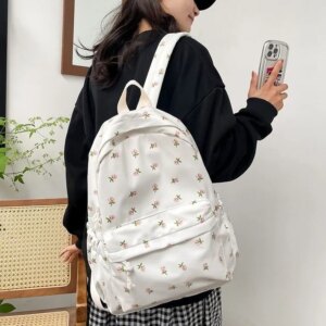 Korean Version Nylon Floral Backpack School Flower Fashion Backpack Junior High School Backpack Travel Bag