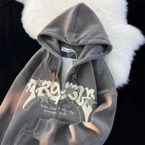 Women Letter Printed Hoodies Autumn Vintage Zip Up Loose Hooded Sweatshirts Harajuku Y2K Long Sleeve Jacket Clothes