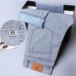 Summer Soft Lyocell Fabric Men’s Jeans Thin Loose Straight Pants Drawstring Elastic Waist Korea Casual Trousers Plus Size 28-42