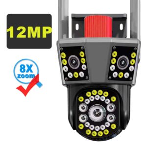 12MP 6K HD WiFi IP Camera Outdoor 8X Zoom Three Lens Three Screen PTZ Video Cam Home Security Protection Surveillance CCTV