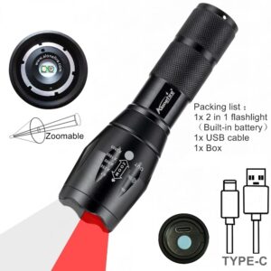 2 in 1 Zoomable Red/Green/Blue White light LED Flashlight USB Rechargeable Hunting Fishing Hiking Travel Camping Tactical Torch