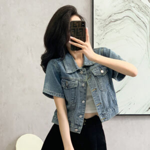 Vintage Blue Women Denim Jackets With Pockets 2024 Summer Short Sleeve Streetwear Retro Jeans Crop Coats Clothing