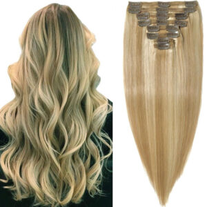 Clip In Human Hair Extensions Thicken Double Weft Brazilian Hair 120g 8pcs #8/613 Straight Real Human Hair 14-26 Inch For Women