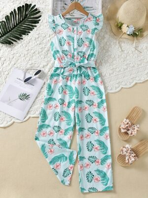 Girls Casual Flower & Leaves Print Ruffle Trim Belted Jumpsuit Dreamy Romper For Party Gift