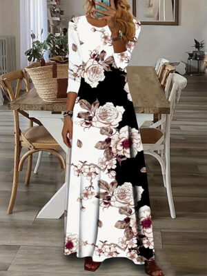 2024 Spring and Summer New Women’s l Printed Pattern V-neck Dress Temperament Elegant Long Sleeve Round Neck Dresses