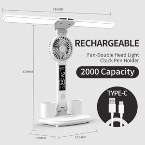 Table Lamp LED Double-headed Multifunction Foldable Touch LED Clock Table Lamp With Fan USB Chargeable Dimmable Reading Lamp