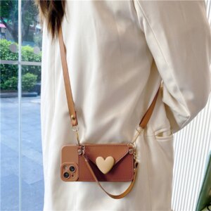 Korean Crossbody Lanyard Necklace Strap Card Holder Purple Case for iPhone 15 11 12 13 14 Pro Max 15 Plus Max Coin Purse Cover
