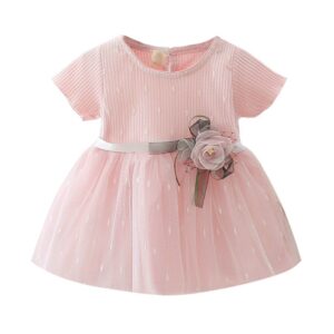 Summer Cotton Soft Mesh Cute Girls Dress Stitching Bottoming Short Sleeve Sweet Rose Flower Princess Baby Dress