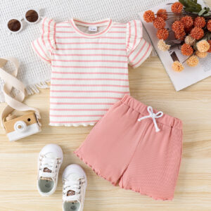 2PCS Summer Baby Girls 0-5 Years Old Soft And Comfortable Two-Color Striped Short-Sleeved Top Plain Shorts Casual Suit