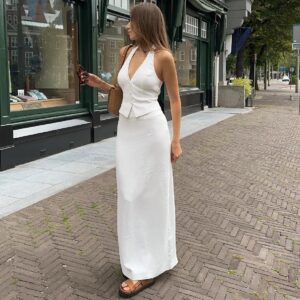 WhereMery Solid Halter Backless Tank Top Button Cardigan Bandage Slim Crop Tops With High-waist Split Skirt Women 2 Piece Set