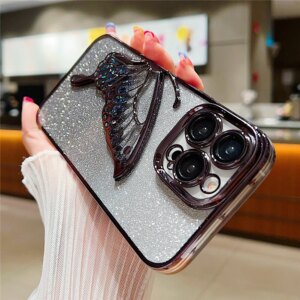 Gradient Glitter Butterfly Quicksand Plating Clear Phone Cases for iPhone 15 11 12 13 14 Pro Max Shockproof Soft Silicone Cover