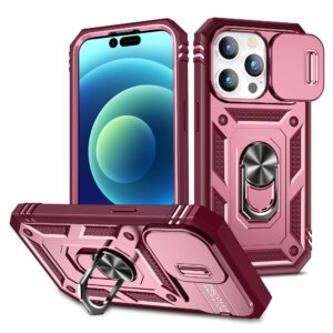 Heavy Duty Case For iPhone 15 Pro 14 Plus 13 Pro Max 12 11 XS Max X 8 7 Slide Camera Build in 360 Degree Rotate Kickstand Case
