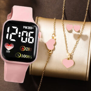 5Pcs/Set Women’s Cartoon Heart-Shaped LED Square Digital Watch And Heart-Shaped Jewelry Set
