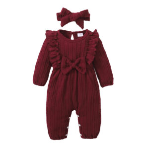 New Long Sleeve Rompers Baby Girls Spring & Autumn Jumpsuit Newborn Clothes Solid Ruffled Clothing with Headband Baby Clothing