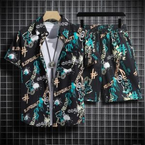 Hawaiian Beach Shirt Ensemble Men’s Baggy Short-Sleeved Combo for Hainan Travel Vacation Cartoon Half-Sleeved Floral Shirt Tops