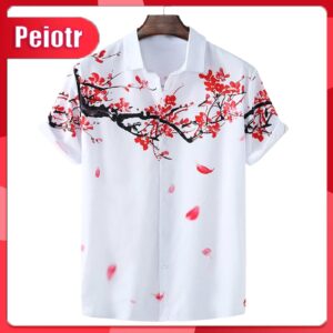 Peiotr- Summer Top Flower Printing Lapel Plum Blossom Short Sleeve Men Shirt