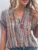 Plus Size Casual Blouse, Women’s Plus Stripe Print Button Decor Short Sleeve Notched Neck Blouse