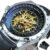 JARAGAR Military Mens Watch Steampunk Skeleton Automatic Mechanical Watches Luxury Steel Strap Luminous Pointer Sport Wristwatch