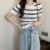 1pc Contrasting Striped Knitted Short-sleeved Women’s Summer Sense Niche Round Neck Ice Silk Slim Top T-Shirt